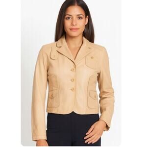 BCBGMAXAZRIA SZ L 100% Leather Butter Tan Short 3 Button Collared Jacket Pockets